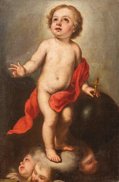  SEGUIDOR DE BARTOLOMÉ ESTEBAN MURILLO S. XVII-XVIII - Niño Jesús glorioso con el orbe crucífero