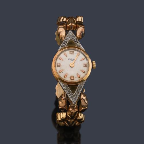 RADIAN de mujer con caja y brazalete en oro rosa de 18 K con diamantes talla rosa, años 40.