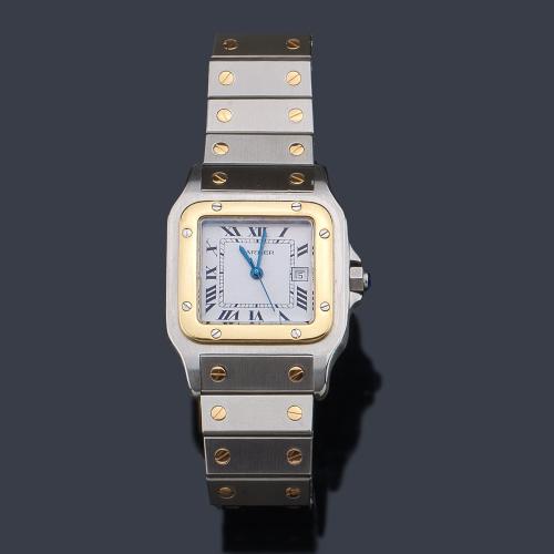  CARTIER Santos de caballero con caja y brazalete en acero y oro de 18 K.