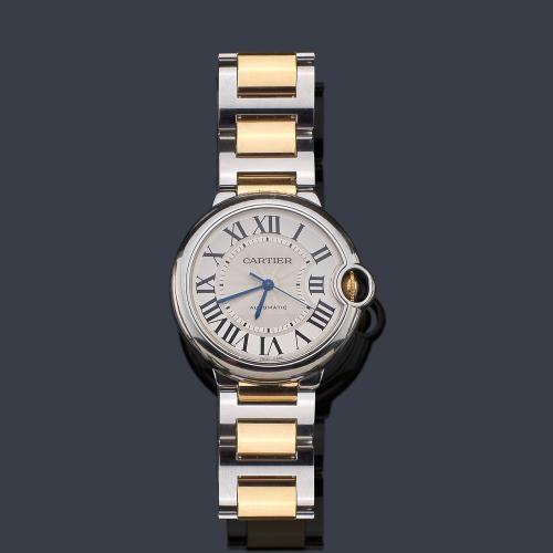  CARTIER Ballon Bleu ref. 3284 de señora con caja y brazalete en acero y oro amarillo de 18 K. Con documentación de revisión y funda.