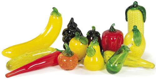  Juego de 13 frutas y hortalizas de cristal de Murano.