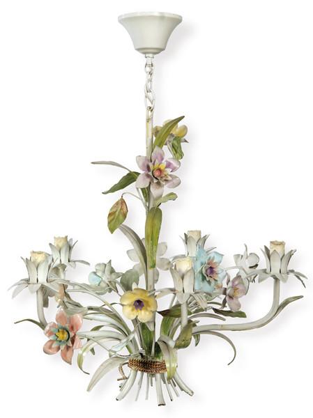  Lámpara de techo de 5 brazos de luz en forma de ramas con hojas y flores en metal pintado.