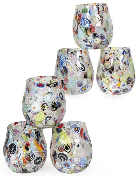  Juego de seis vasos de cristal de Murano con decoración "molti fiori" de colores sobre fondo transparente.