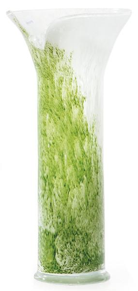  Jarrón de cristal de Murano con boca doblada a modo de pétalo en jaspeado blanco y verde.