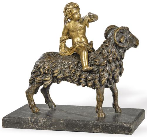  "Cupido Montado sobre un Carnero" de bronce dorado y patinado, Italia Grand Tour h. 1800.