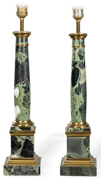  Pareja de lámparas de mesa de mármol verde y bronce dorado h. 1970