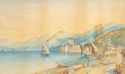 ESCUELA ITALIANA S. XIX-XX - Lago Leman. Castillo de Chillon.