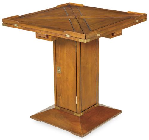 Mesa de juego, tapa con cuatro hojas abatibles de Starbay, sobre pedestal central, en madera tropical.