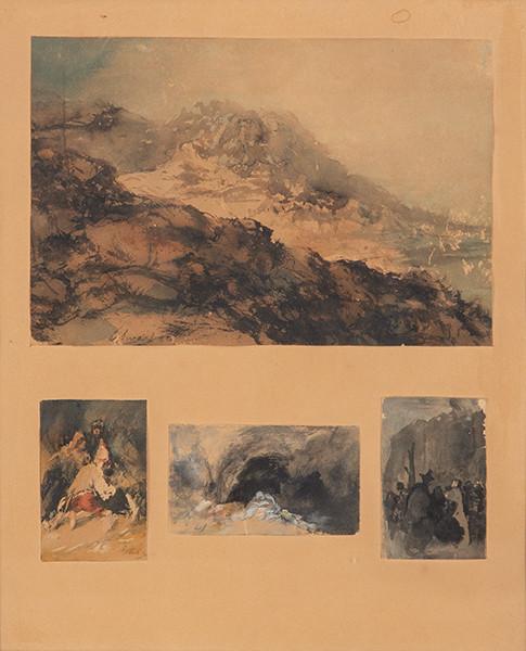  EUGENIO LUCAS VELÁZQUEZ - Paisaje, hombre con sambenito, penitente en una cueva y muchedumbre ante un ajusticiado