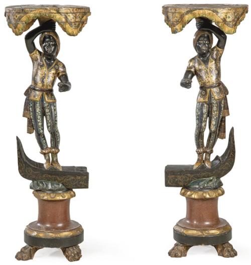 Pareja de peanas de negros venecianos de madera tallada, policromada, dorada y estofada S. XIX.