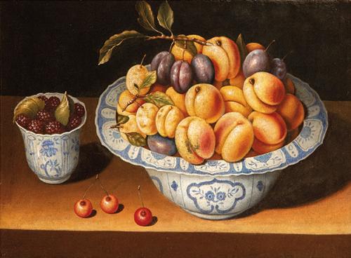  DESPUÉS DE ISAAK SOREAU S. XVII - Naturaleza muerta con albaricoques, ciruelas, cerezas y moras en porcelana "Wan-li"