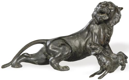  "Tigre con Cachorro" en bronce patinado, Japón, Periodo Meiji (1868-1912)