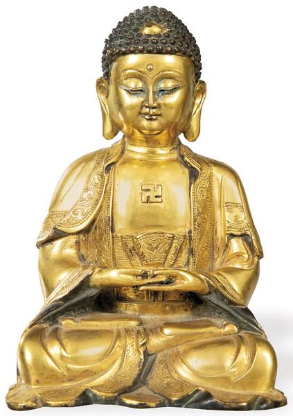  "Buda Sentado" en bronce dorado y patinado, China Dinastía Qing S. XIX