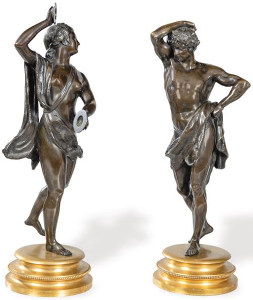  Pareja de figuras clásicas de bronce patinado, Francia S. XIX