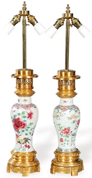  Pareja de lámparas realizadas con jarrones de porcelana de Compañía de Indias, Familia Rosa, época de Qianlong (1736-95