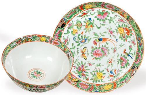  Cuenco y plato de porcelana china de Cantón, Dinastía Qing S.XIX