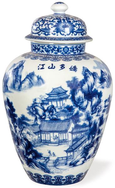  Gran tibor de porcelana china azul y blanco S. XX.