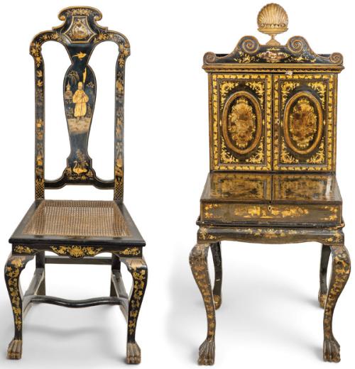 Mueble tocador-escritorio y silla de madera lacada y dorada, China Dinastía Qing S. XIX.