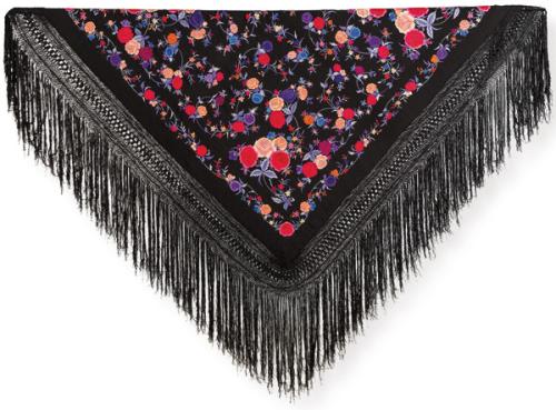  Mantón de Manila en crepé de seda negro con flores bordadas de colores.