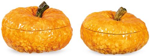  Pareja de botes con tapa en forma de calabazas en cerámica modelada, pintada y esmaltada.