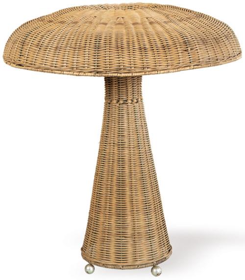  Lámpara de mesa en mimbre o ratán, de gran copa abatida y fuste troncocónico, con base apoyada sobre pequeñas bolas metálicas.