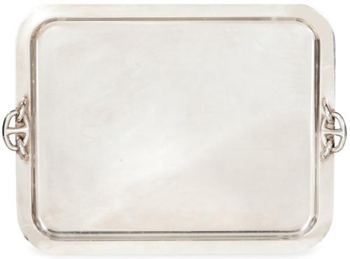  HERMÉS. Bandeja rectangular de dos asas de metal plateado punzonado