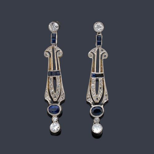  Pendientes largos Belle Epoque con diamantes de aprox. 0,40 ct y zafiros.