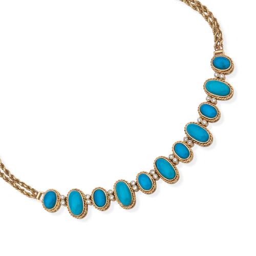  Collar corto con once cabujones de turquesas y brillantes de aprox. 1 ct.