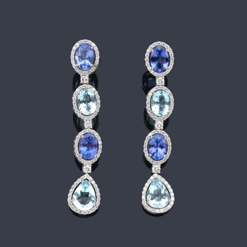  Pendientes largos con aguamarinas talla ova y perilla de aprox. 4,00 ct en total y tanzanitas talla oval de aprox. 3,00 ct en total con brillantes de aprox. 1,00 ct en total.7,50