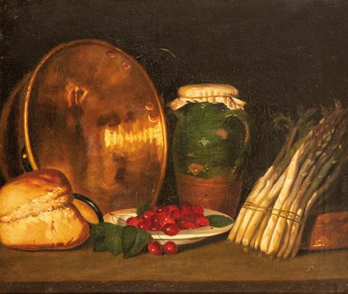  ESCUELA ESPAÑOLA S. XIX - Bodegón con plato de cerezas y espárragos