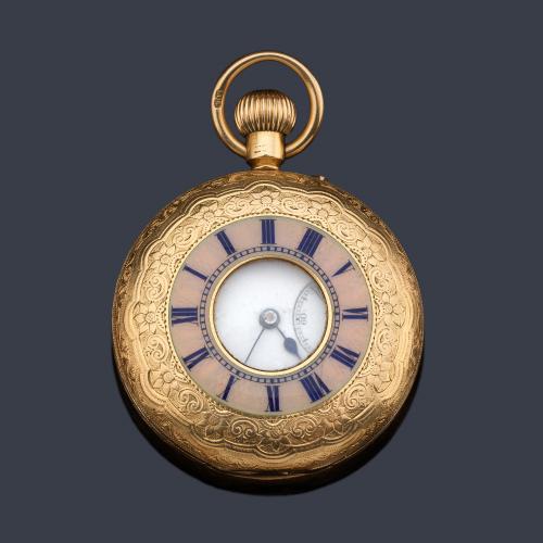  RUSSELLS LIMº LIVERPOOL nº 192336, reloj cazador de colgar con caja en oro amarillo de 18 K y esmalte.