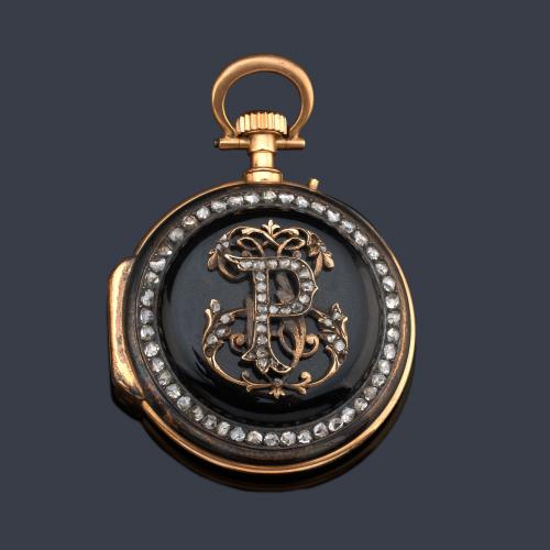  LAURENT & Cie Lyon, reloj lepin de colgar con caja en oro amarillo de 18 K con esmalte y diamantes.