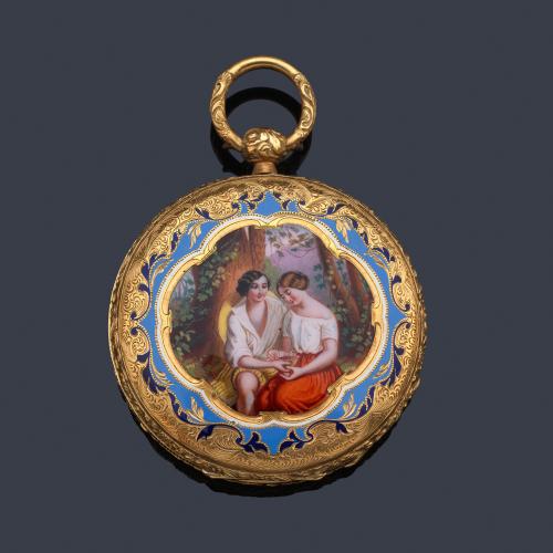  HENRY MATHEY, reloj saboneta con caja en oro amarillo de 18 K y esmalte.