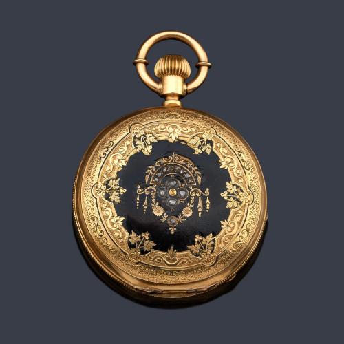  COUVOISIER Frères nº 80699, reloj saboneta con caja en oro amarillo de 18 K con esmalte y diamantes.