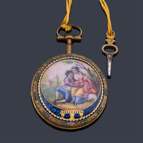 LOUIS DUCHENNE et. COMPAGNIE, reloj catalina con caja en metal dorado y esmalte.