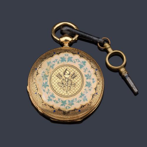  Fs. CALAME ROBERT, reloj saboneta de colgar con caja en oro amarillo de 18 K.