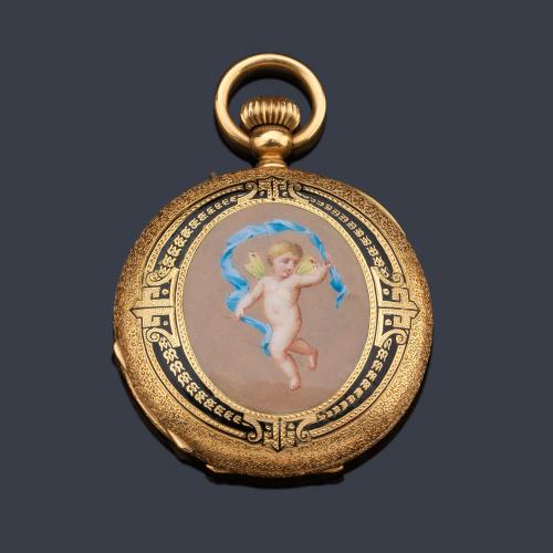  HETIENNE Geneve, reloj saboneta de colgar con caja en oro amarillo de 18 K y esmalte.