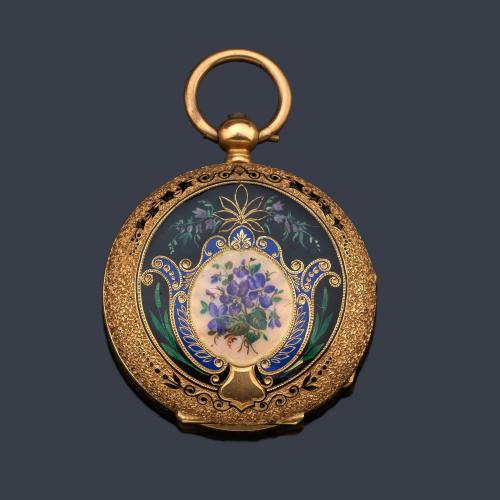  HUMBERT RAMUZ nº 9592, reloj saboneta con caja en oro amarillo de 18 K y esmalte.