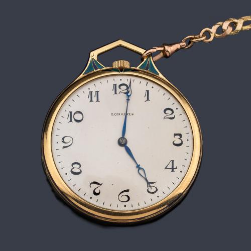  LONGINES nº 4155983, reloj lepin Art Noveau con caja en oro amarillo de 18 K y esmalte. Con leontina enoro rosa de 14 K.