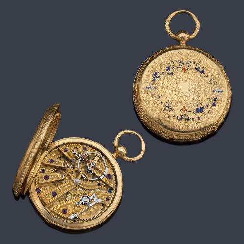  COBINS London nº 43870, reloj saboneta con caja en oro amarillo de 18 K con esmalte.