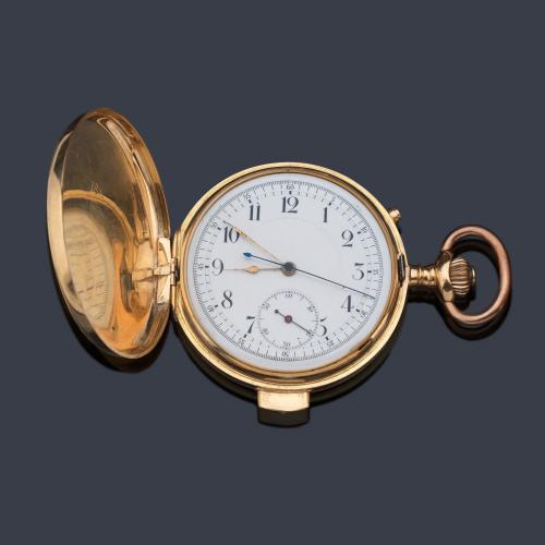  Reloj saboneta cronómetro y sonería repetición a minutos con caja en oro amarillo de 18 K.