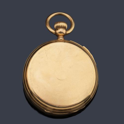  Reloj saboneta sonería repetición a cuartos con caja en oro amarillo de 18 K.