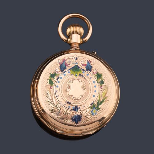  H. NICOLE Geneve nº 36207, reloj saboneta con caja en oro rosa de 14 K y esmalte.