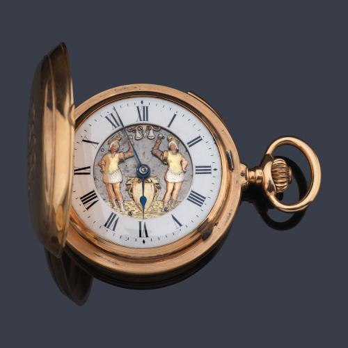  Reloj autómata repetición a cuartos, con dos campaneros autómatas, caja en oro rosa de 18 K. Con estuche.