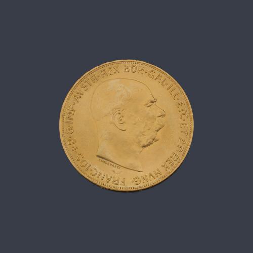  Francisco I, 100 coronas, Austria en oro de 22 K.