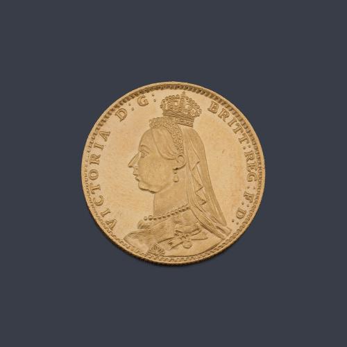  Moneda de libra esterlina, Reina Victoria en oro de 22 K.
