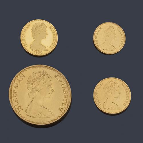  Cuatro monedas conmemorativas soberanos, Isabel II, Isla de Man en oro de 22 K.
