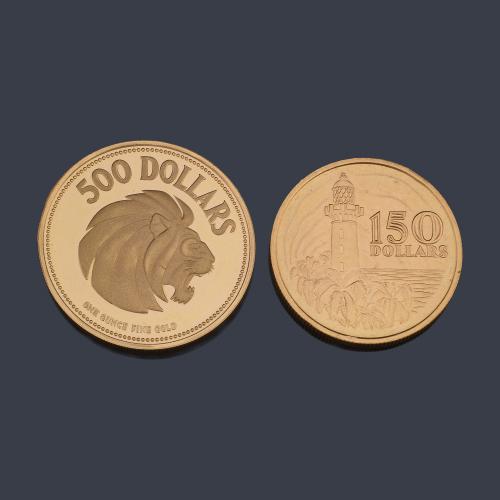  Dos monedas conmemorativas Singapore en oro de 22 K.