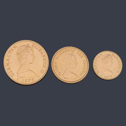  3 Monedas conmemorativas Isabel II, Gibraltar en oro de 22 K.