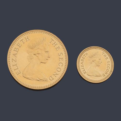  Dos monedas de Isabel II, Rhodesia de 5 y 1 libra en oro de 22 K.